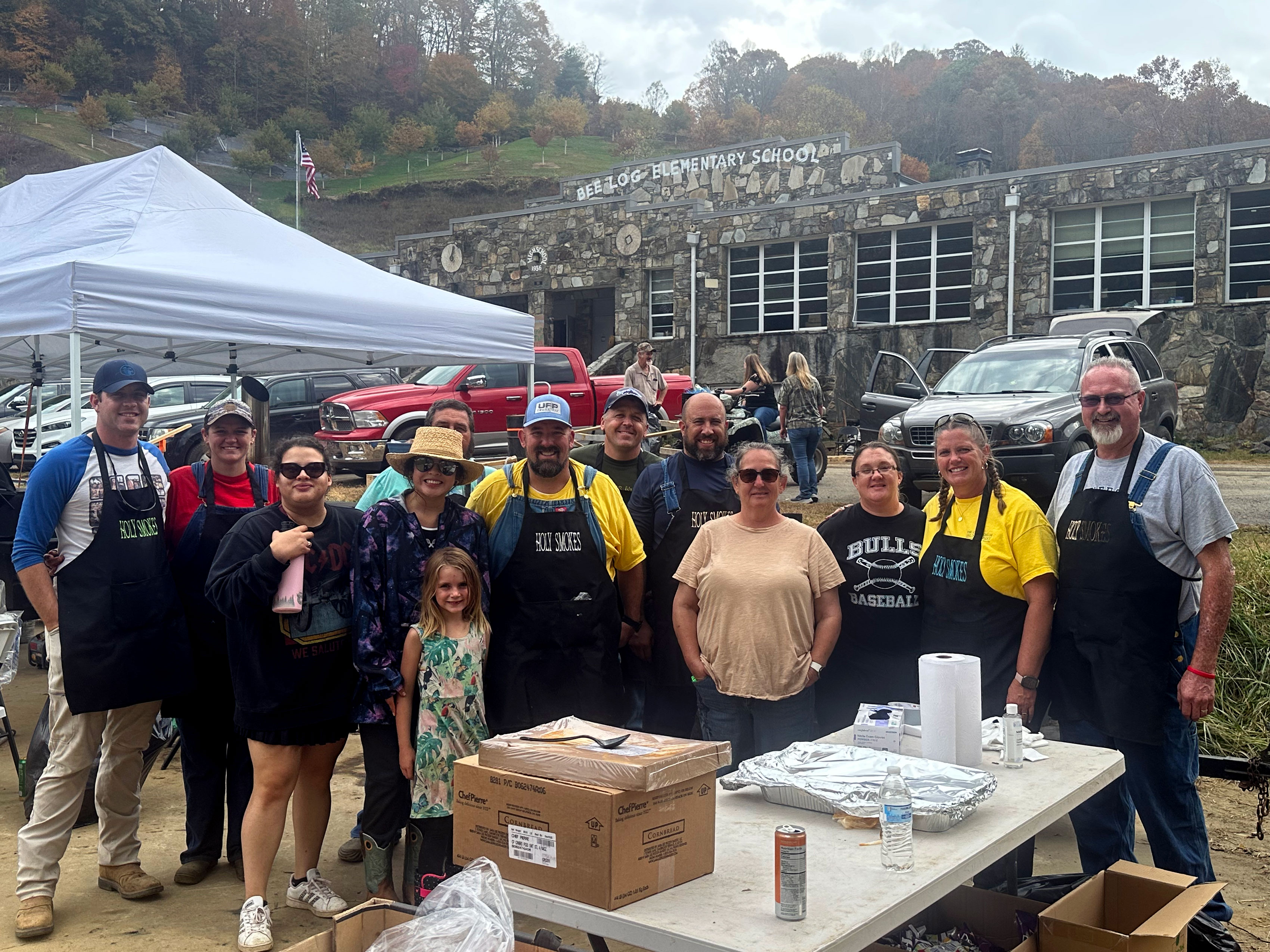 The Holy Smokes team serving meals at Bee Log, North Carolina after Hurricane Helene